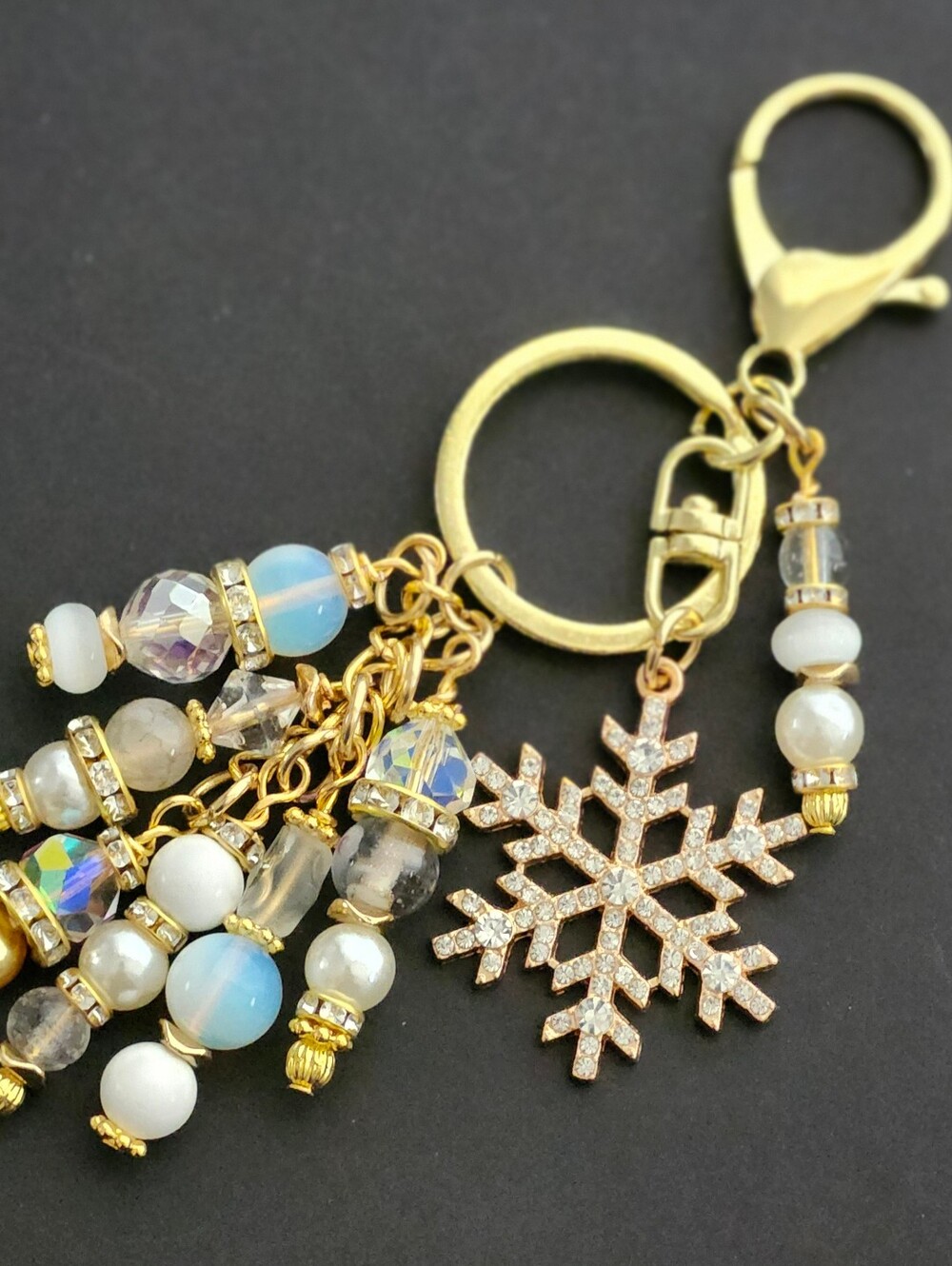 Snowflake Purse Charm or Keychain Rhinestone Opal Howlite Handcrafted